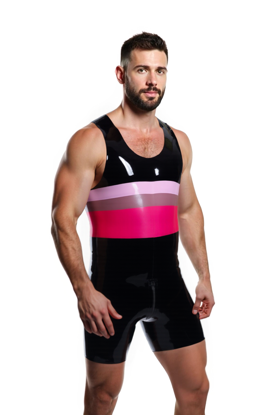 Mysteryglove Men’s Glossy PU Leather Bodysuit – Black Sleeveless Jumpsuit with Bold Contrast Stripes