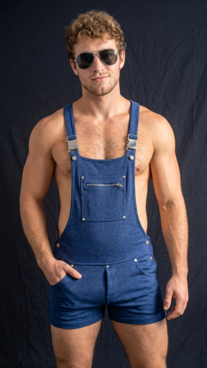 Mysteryglove Men's Blue Open Back Short Overalls with Zip Bib Pocket