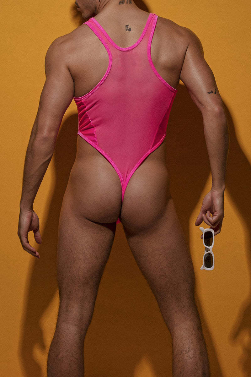Colorblock See-Through Mesh Patchwork Racer Back Stretchy Thong Bodysuit