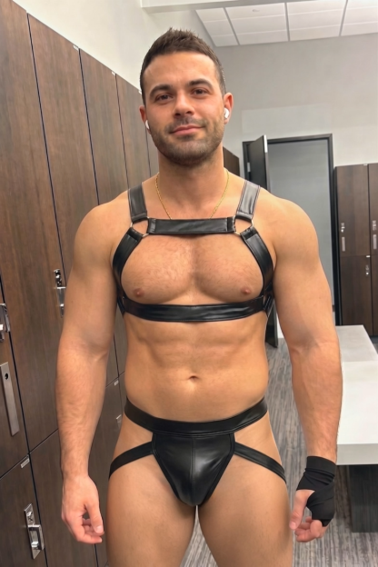 Mysteryglove PU Leather Chest Harness + Jockstrap Set – X-Back Straps, Sleek Black