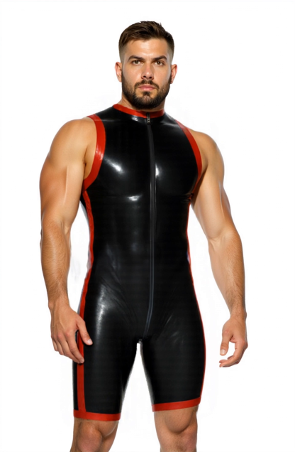 Mysteryglove Men’s Sleeveless Bodysuit – Glossy Black Romper with Dual Zippers and Sport Edge