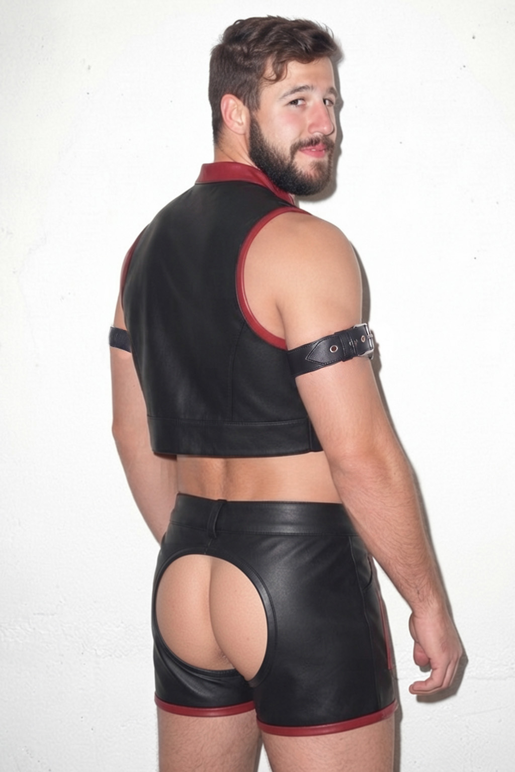 Mysteryglove Black & Red PU Leather Vest Set, Open-Front Crop Vest + Cutout Shorts