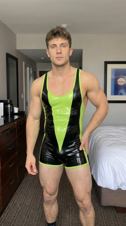 Mysteryglove Men's PU Leather Look Color Block Wrestling Singlet Sleeveless Short Bodysuit in Black and Neon Green