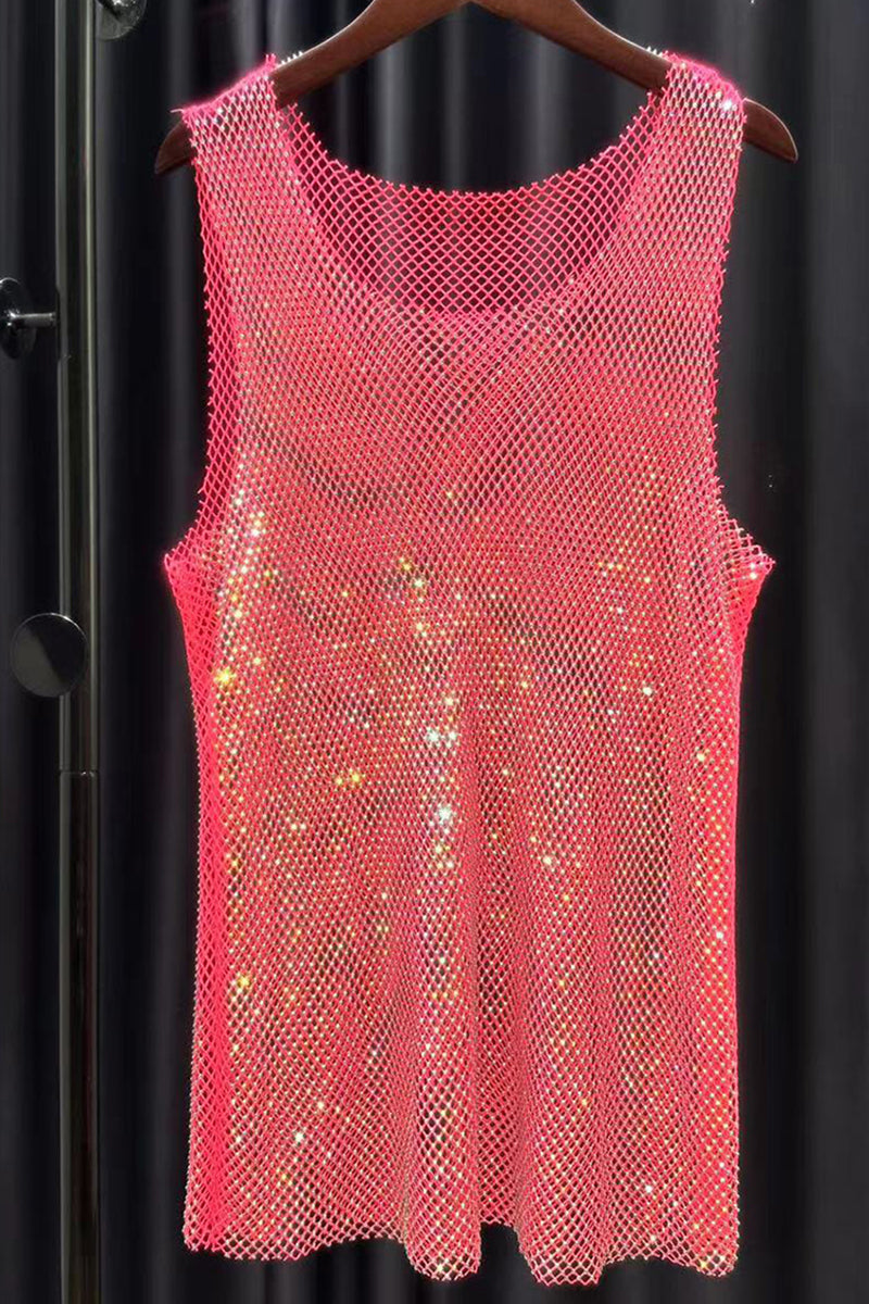 Unisex Mesh Rhinestone Shiny Raw Cut Festival Tank Top