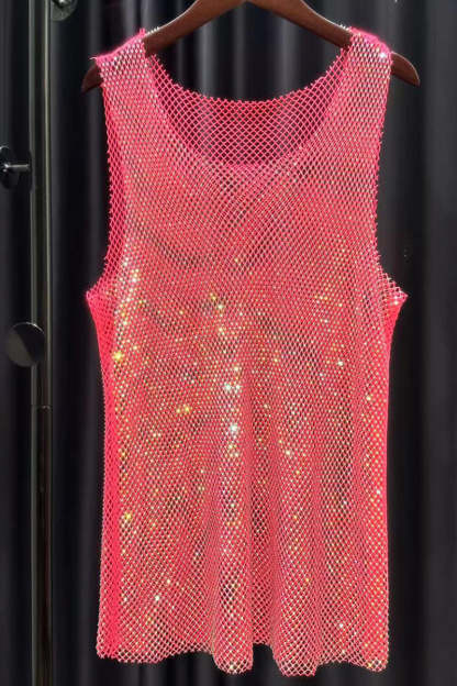 Unisex Mesh Rhinestone Shiny Raw Cut Festival Tank Top