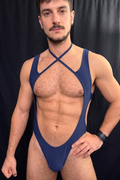 Mysteryglove Navy Cutout Bodysuit — Cross-Neck Straps, Open Torso, Thong Back