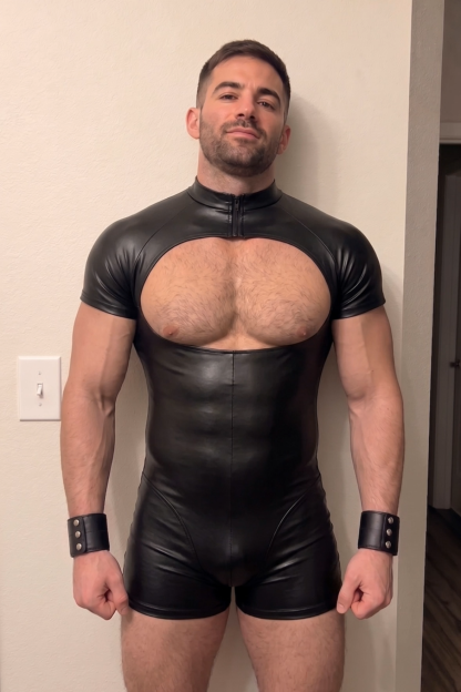 Mysteryglove Men's Black PU Leather Short Sleeve Bodysuit with Front Zipper & Open Back