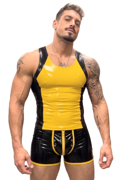 Mysteryglove Yellow & Black Gloss PU Leather Singlet, Sleeveless One-Piece with Full Back Zipper