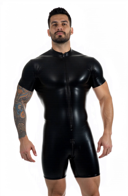 Mysteryglove Men’s Black PU Leather Short Sleeve Zip-Front Romper