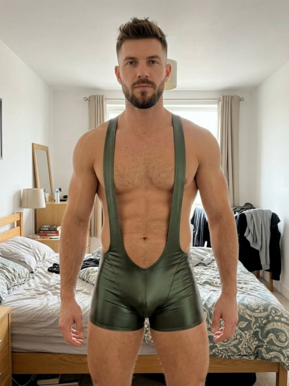 Mysteryglove Olive Green Shiny Singlet – Deep U-Front, Racerback, Open-Back Jock Cut