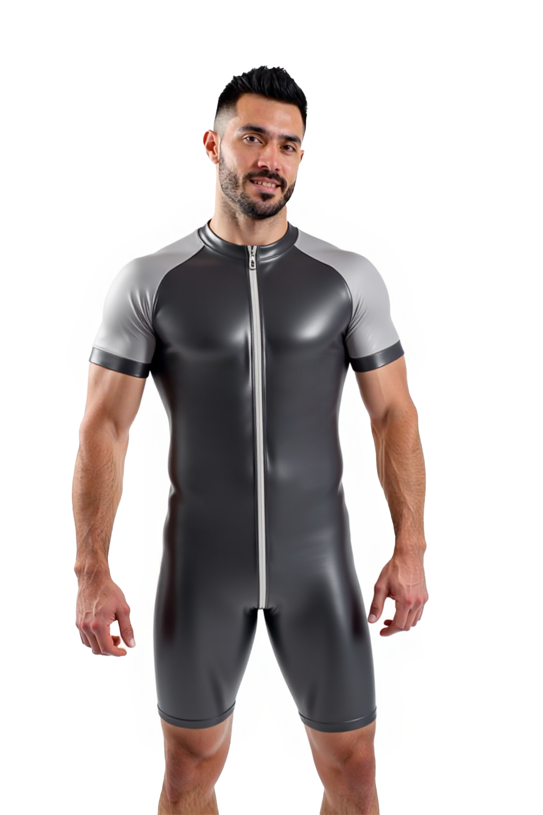 Mysteryglove Black and Gray PU Leather Bodysuit - Shiny Two-Tone Performance Gear