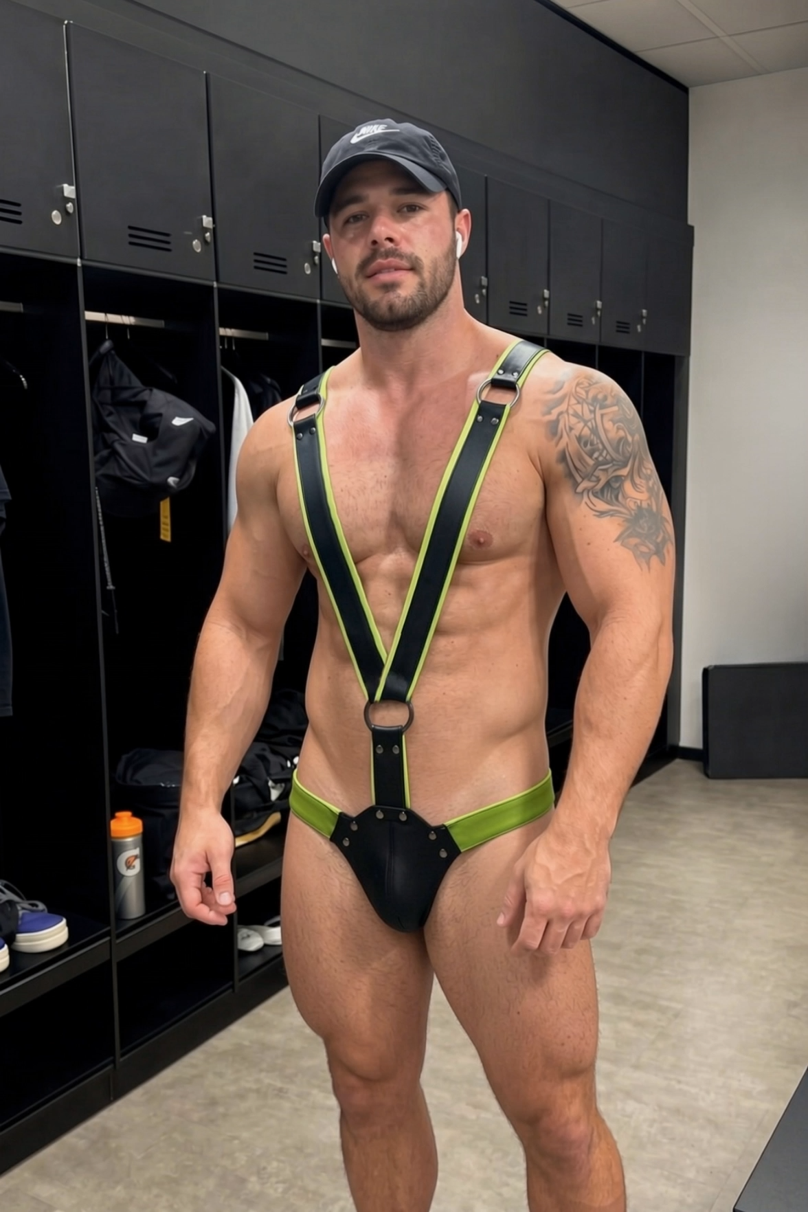 Mysteryglove PU Leather Neon Green Suspender Harness – Deep V Straps + Front O-Ring Brief