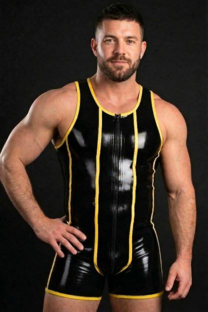 Product Introduction Mysteryglove PU leather wrestling singlet with bold yellow trim.  Fabric Smooth PU leather with slight stretch for flexible comfort.  Product Features Front zipper, body-contouring fit, sporty contrast detailing.  Usage Scenarios Perf