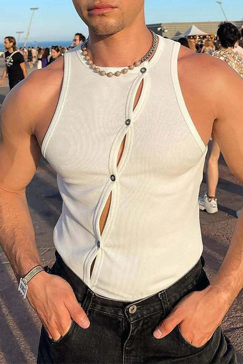 Casual Hollow Out Button Solid Color Tank Top