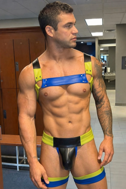 Mysteryglove Blue & Lime PU Harness Set — Chest Bar Strap, X-Back Ring, Matching Brief & Thigh Bands