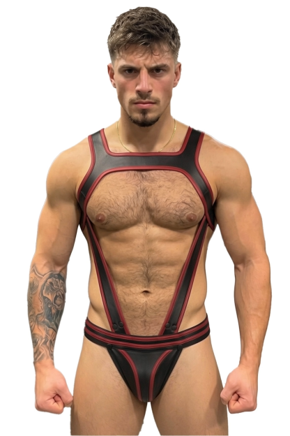 Mysteryglove Black & Burgundy PU Leather Harness Jockstrap Set, O-Ring X-Back
