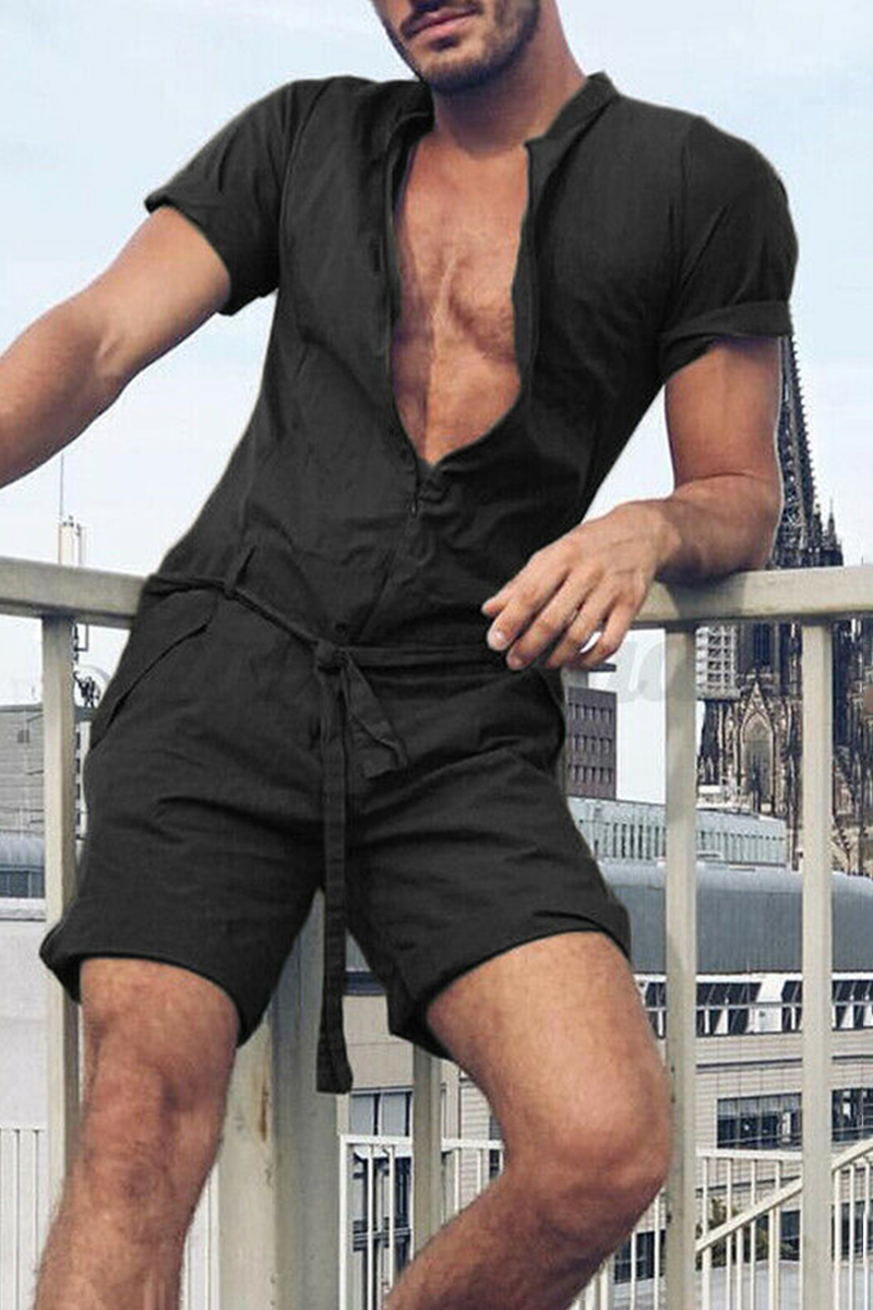Men's Casual Tie Waist Round Neck Short Sleeve Plain Romper