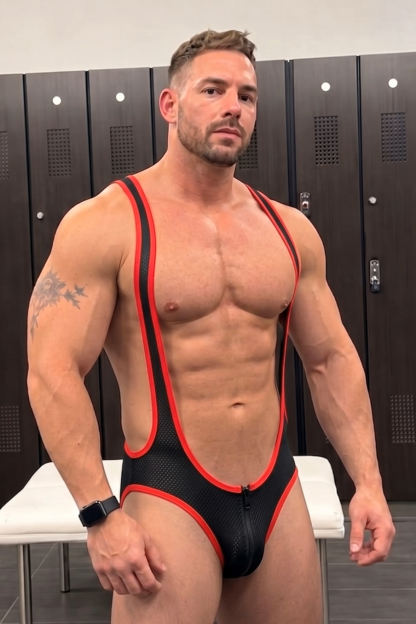Mysteryglove Men's Red & Black Mesh Harness Bodysuit, Open Back Cutout Design