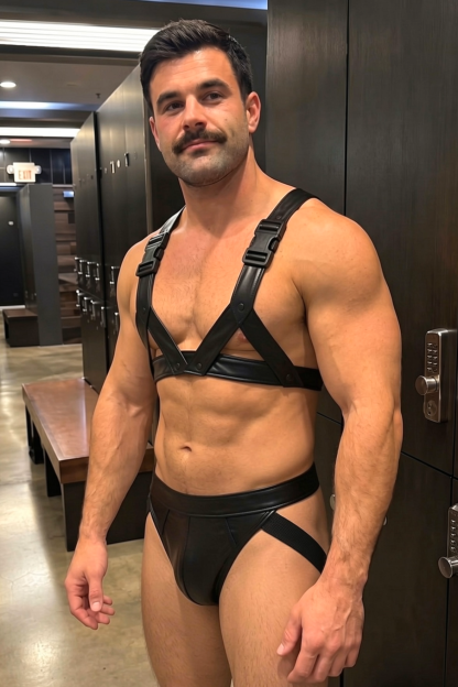 Mysteryglove Black PU Leather Harness Set, X-Back Chest Straps + O-Ring Detail + Matching Jock Briefs