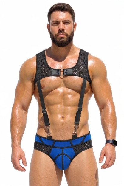 Mysteryglove Men’s Mesh Harness Brief Set — Blue Panel Pouch, Clip Suspenders & O-Ring Chest