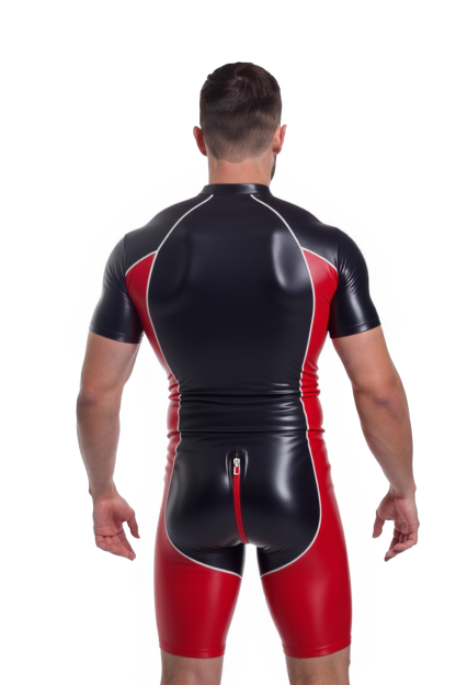 Mysteryglove Black and Red PU Leather Wrestling Suit - Glossy Finish with Zipper Design