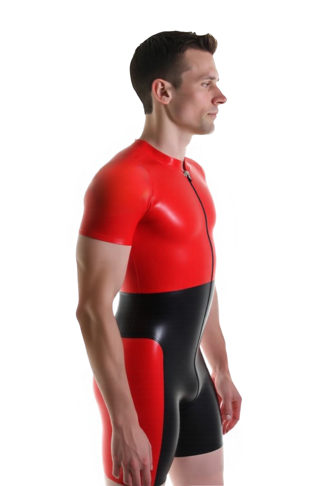 Mysteryglove Men’s Shiny PU Leather Bodysuit – Blue & Black Short Sleeve Zip Jumpsuit