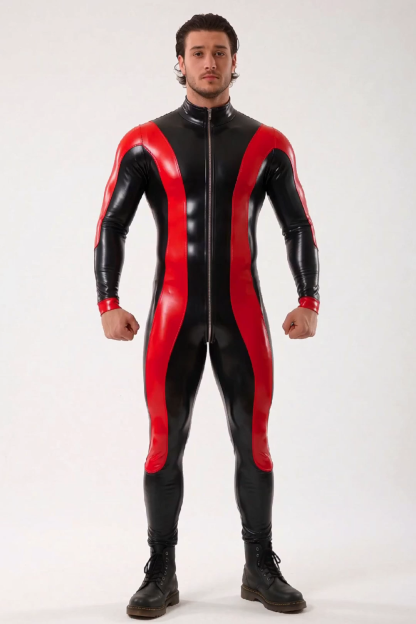 Mysteryglove Men's Red V-Contour Glossy PU Leather Full-Body Catsuit