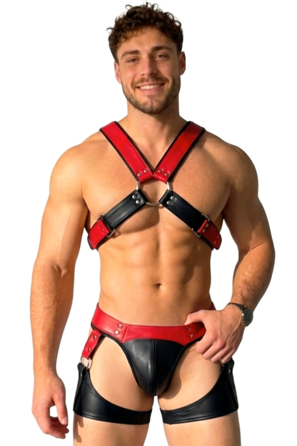 Mysteryglove Red & Black PU Leather Harness Set — O-Ring Chest Harness + Strappy Jock with Thigh Bands