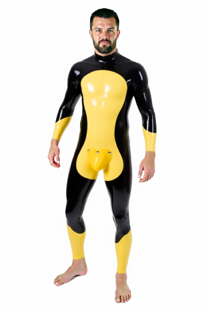 Mysteryglove Men’s PU Leather Full Body Catsuit – Black and Yellow Contrast with Front Pouch