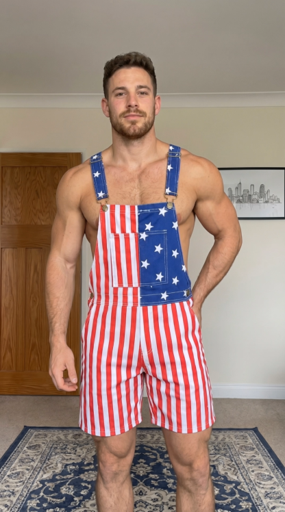 Mysteryglove Men's American Flag Short Overalls Patriotic Striped Bib Romper with Open Back