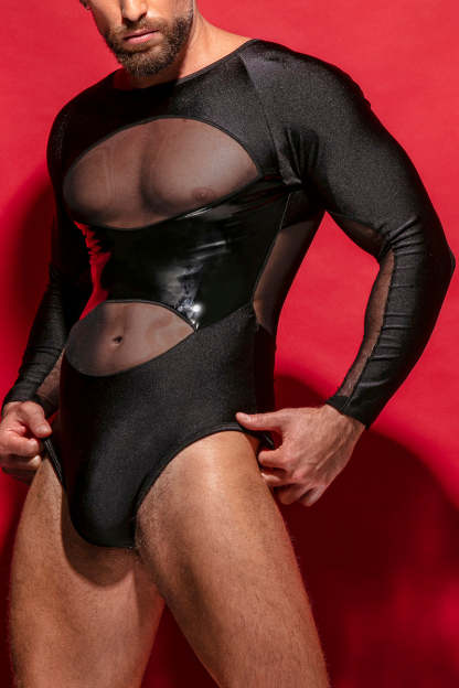 Mesh & PU Leather Patchwork Bodysuit – Bold and Sleek