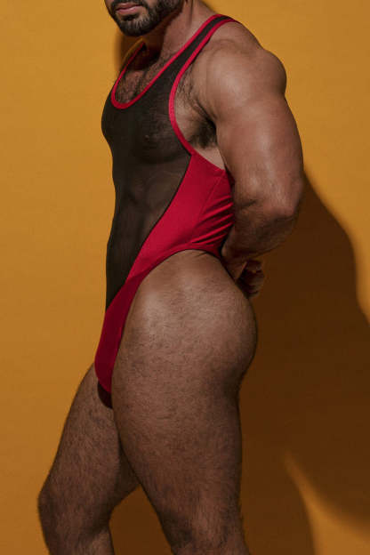 Colorblock See-Through Mesh Patchwork Racer Back Stretchy Thong Bodysuit