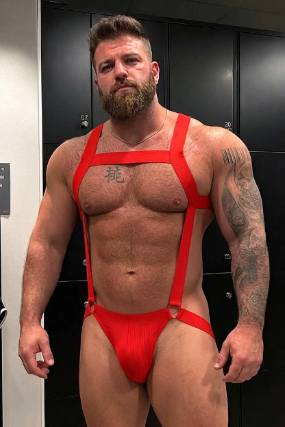 Mysteryglove Men's Red Elastic Harness Jockstrap Set, Chest Strap Design + O-Ring Detail + Open Back