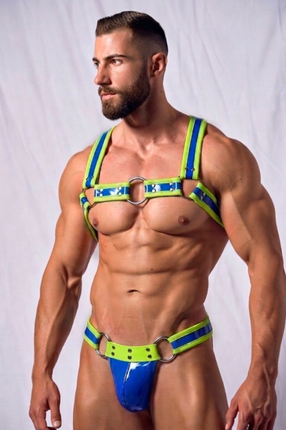 Mysteryglove Electric Blue & Lime Harness Set — Glossy Chest Harness + Matching Pouch Brief