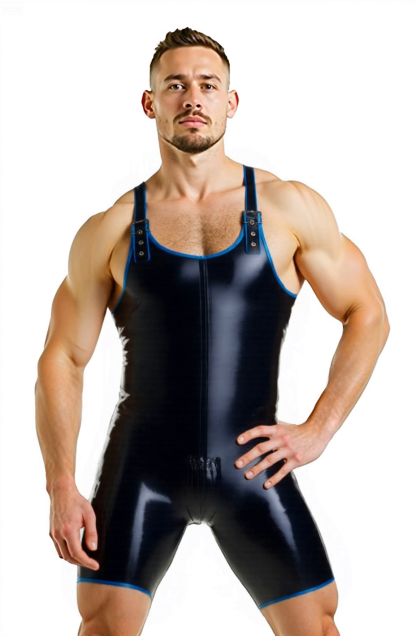 Mysteryglove Men’s PU Leather Singlet – Shiny Faux Leather Bodysuit with Adjustable Straps
