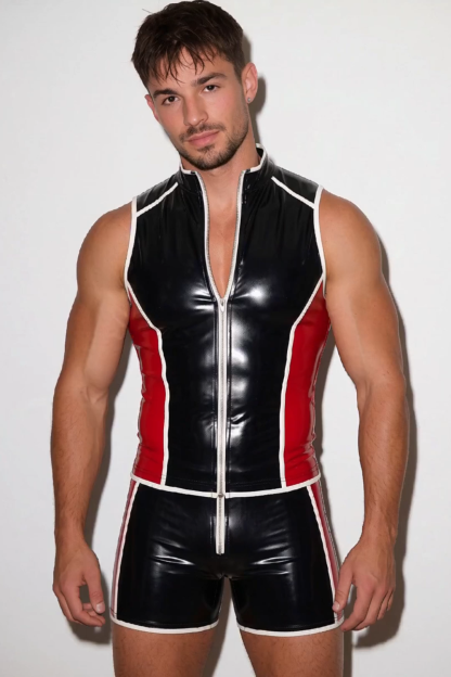 Mysteryglove Men's Redline Rebel Gloss PU Leather Vest and Shorts Set