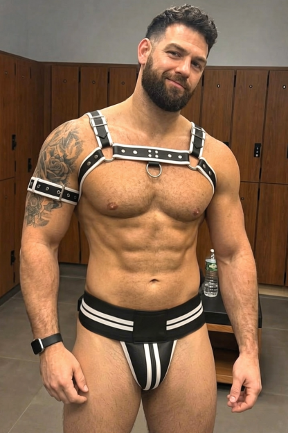 Mysteryglove Black & White PU Leather Chest Harness Set with O-Ring Detail