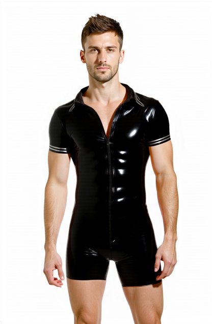 Mysteryglove Men's High-Shine PU Leather Polo Bodysuit – Black with White Striped Details