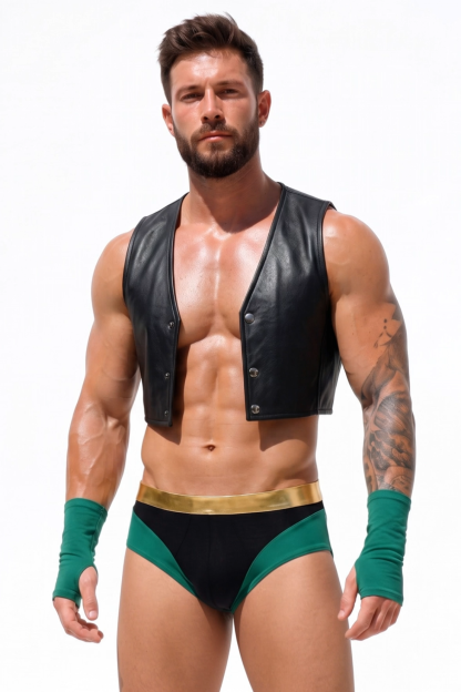 Mysteryglove Black PU Leather Vest & Jock Shorts Set, Cropped Leather Vest Top + Contrast Green Brief Bottom + Arm Sleeves
