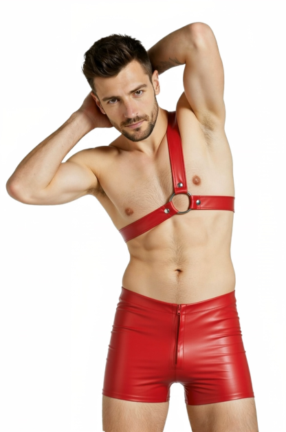 Mysteryglove Men’s Red Leather Harness & Shorts Set – Sexy Clubwear Body Outfit