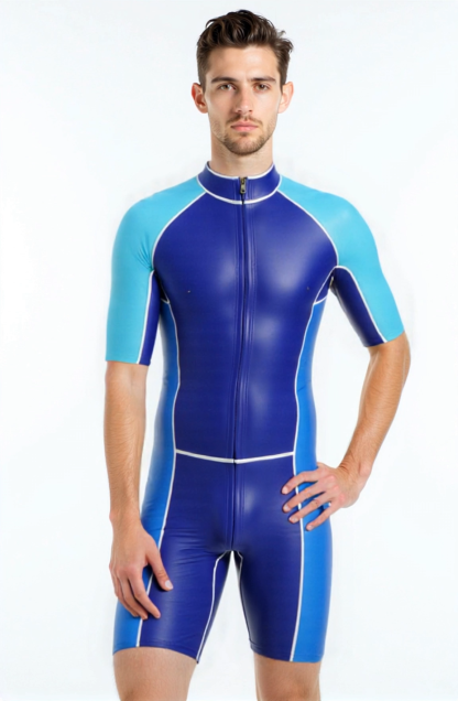 Mysteryglove Two-Tone Blue Gloss Bodysuit – Front Zip & Rear Access Design