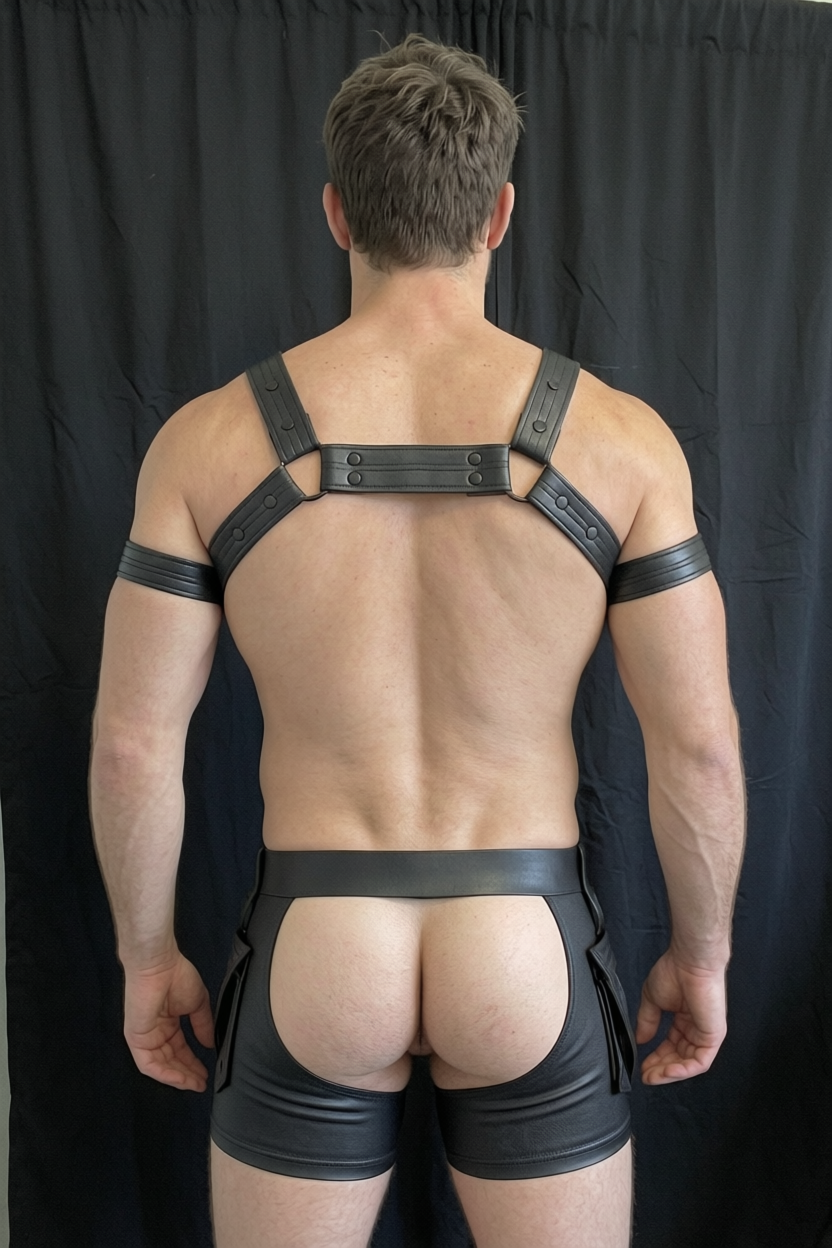 Mysteryglove Fetish-Style Harness & Shorts Set — X-Back Detail + Open-Front Pouch Cut (No Arm Bands)