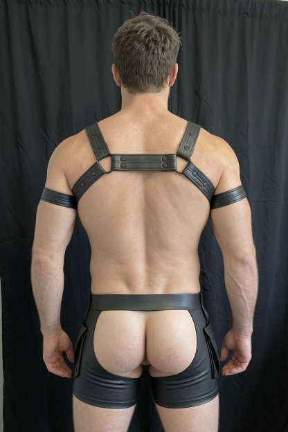 Mysteryglove Fetish-Style Harness & Shorts Set — X-Back Detail + Open-Front Pouch Cut (No Arm Bands)