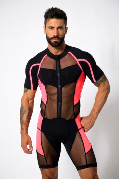 Mysteryglove Black & Pink Mesh Bodysuit — Short Sleeve, Sheer Panels, Front Zip