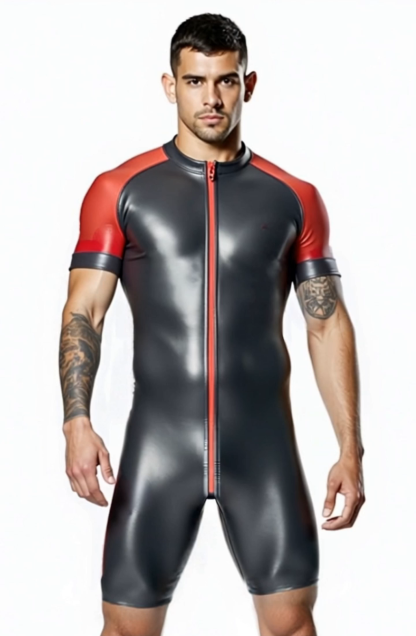 Mysteryglove Shiny Black & Gray Skin-Tight Romper – Full-Body Zip Jumpsuit