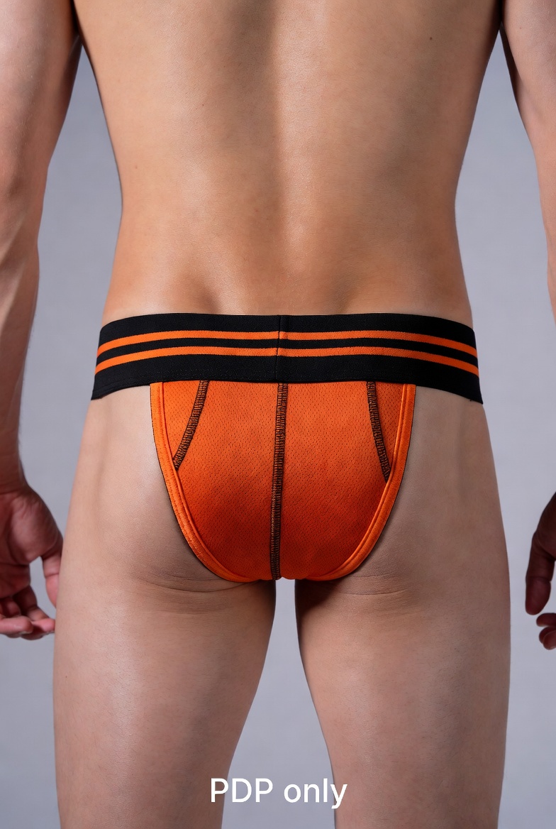 Mysteryglove Orange Mesh Briefs for Men with Black Sport Stripe Waistband