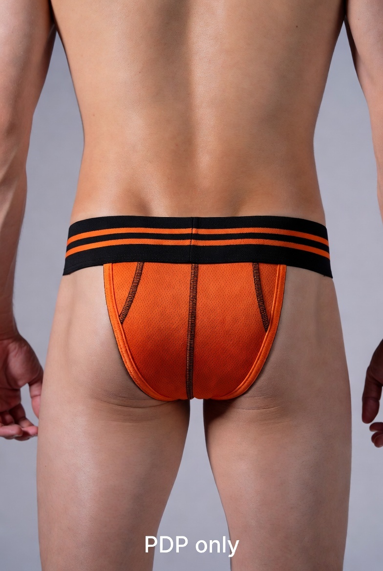 Mysteryglove Orange Mesh Briefs for Men with Black Sport Stripe Waistband