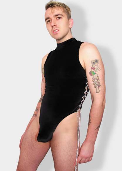 Men Black Velvet Lace Up Bodysuit