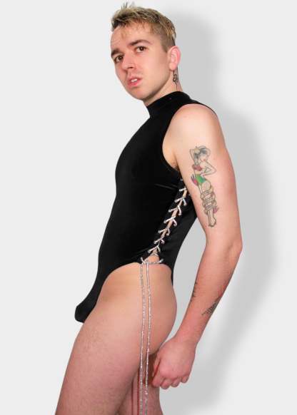 Men Black Velvet Lace Up Bodysuit