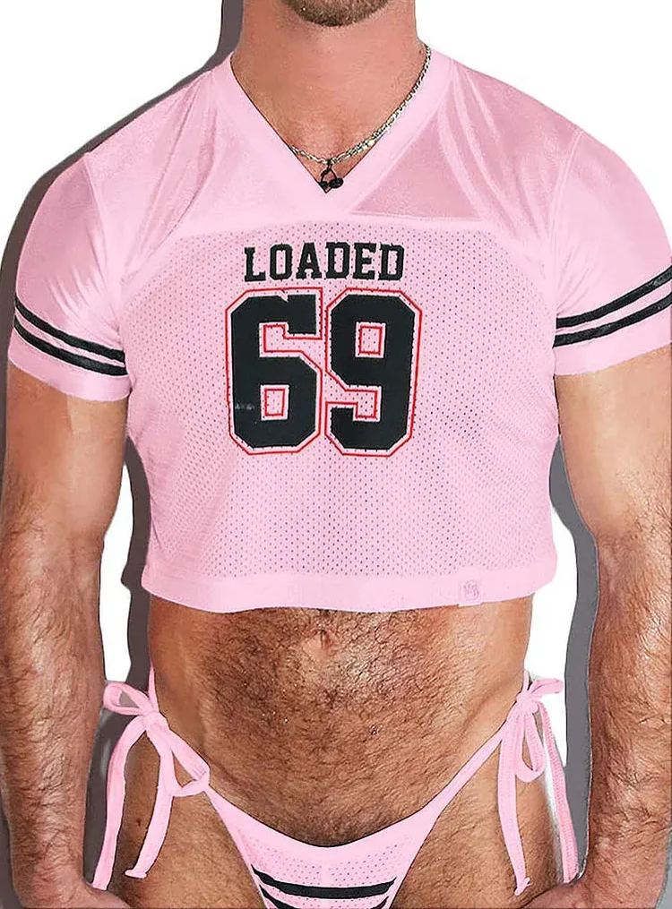 69 Print V-Neck Crop Top & Thong Set